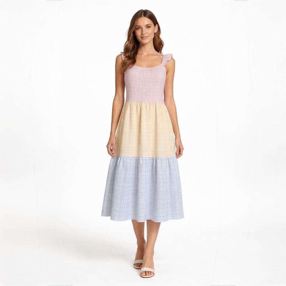 By The River Tiered Plaid Midi Dress Pastel Cottagecore Sleeveless Small Flowy